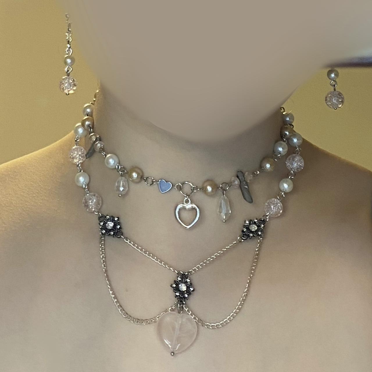 Repost with try on: Pink and silver heart necklace ♡... - Depop