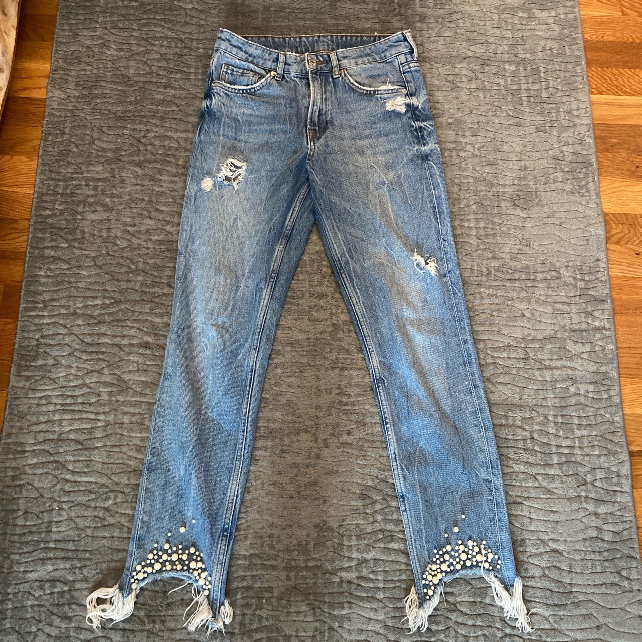 Customized Distressed Denim Jeans. Pearls at feet... - Depop