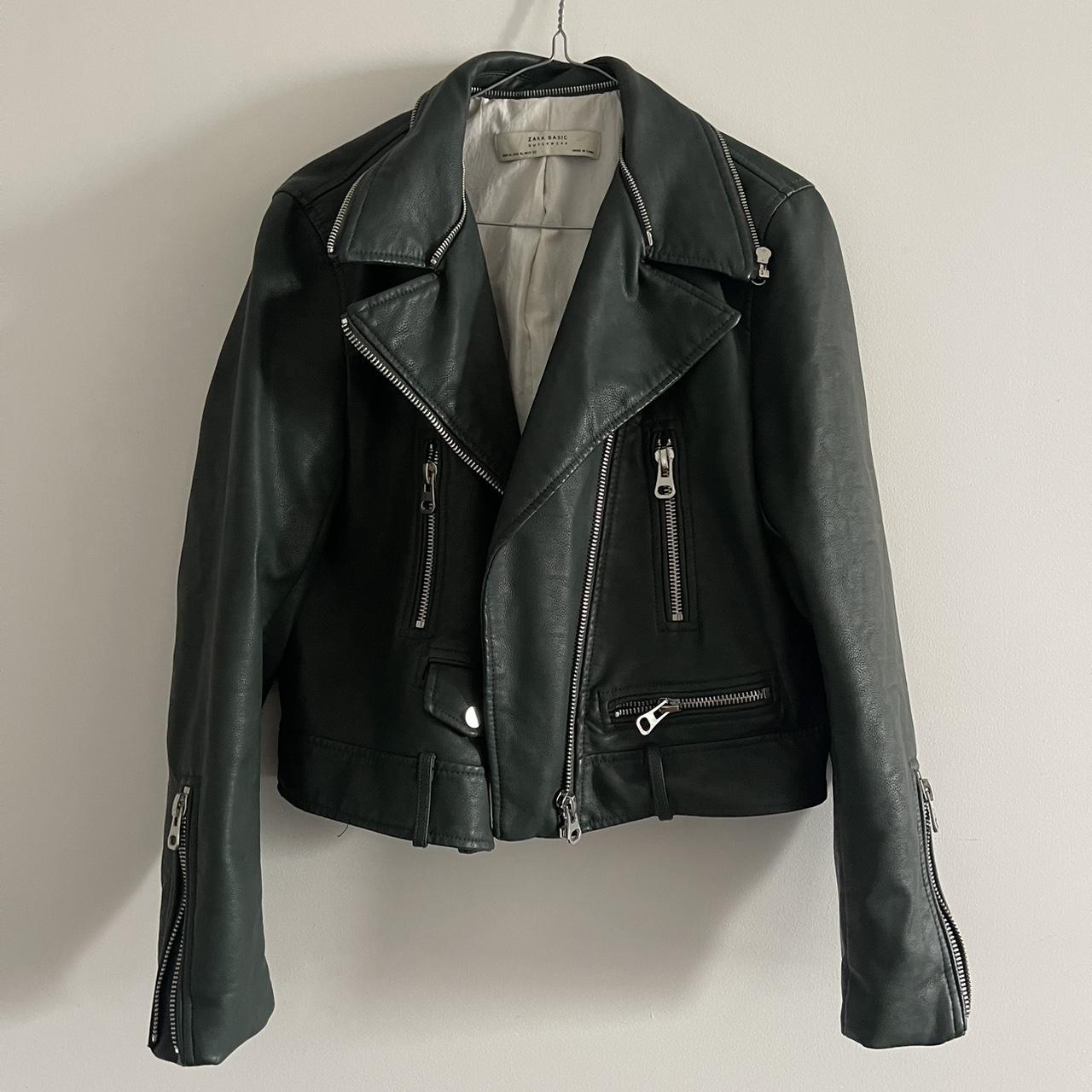 Zara leather jacket Dark green - Depop