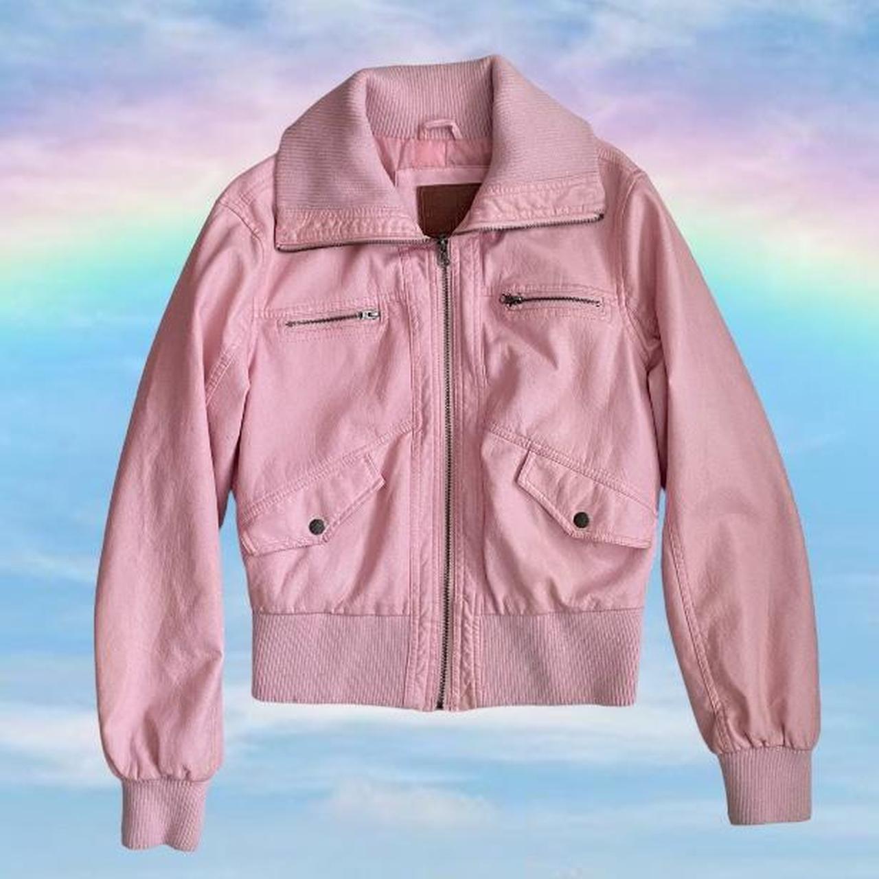 pink leather jacket pit to pit 19.5” length... - Depop