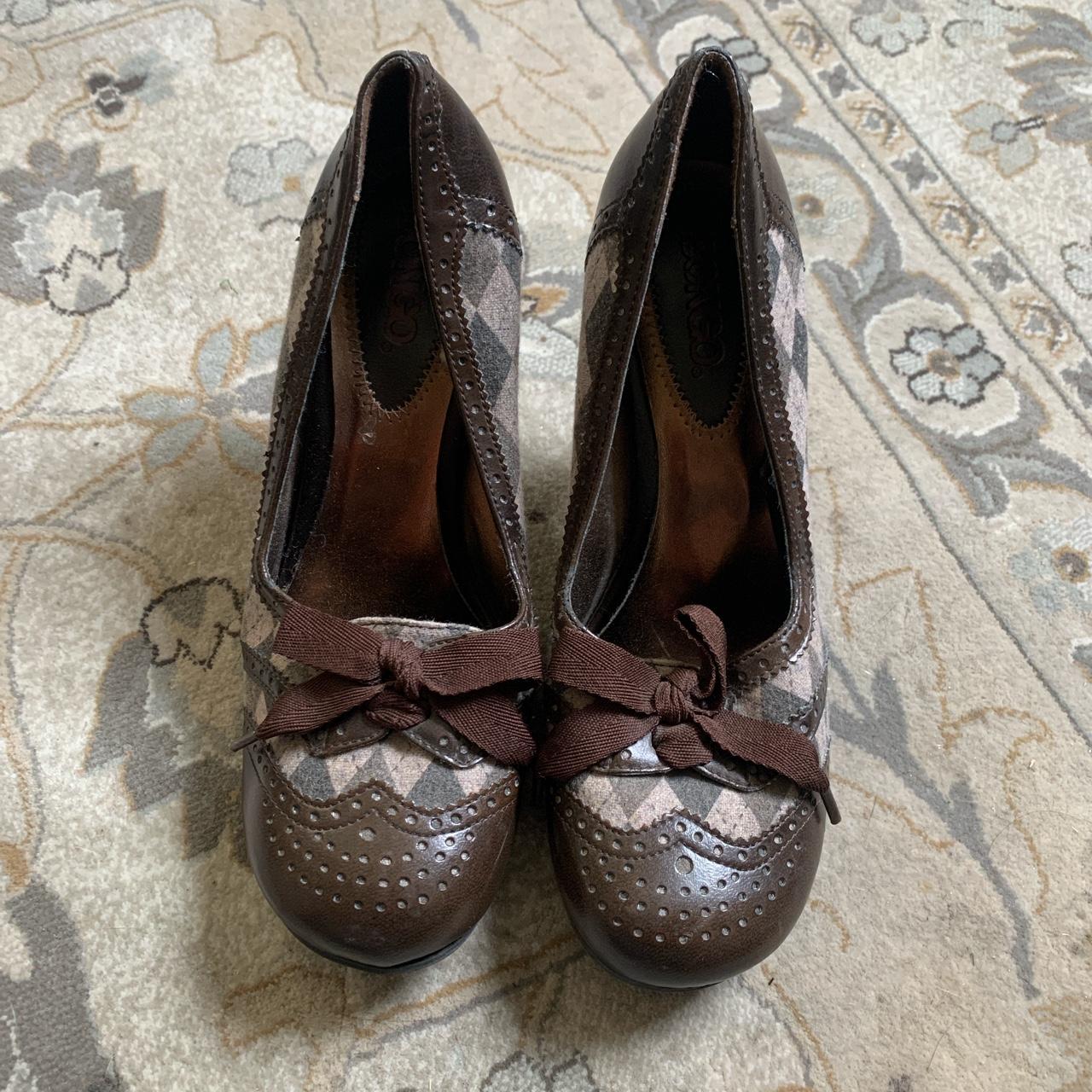 Brown y2k plaid heels with a brown bow on the front... - Depop