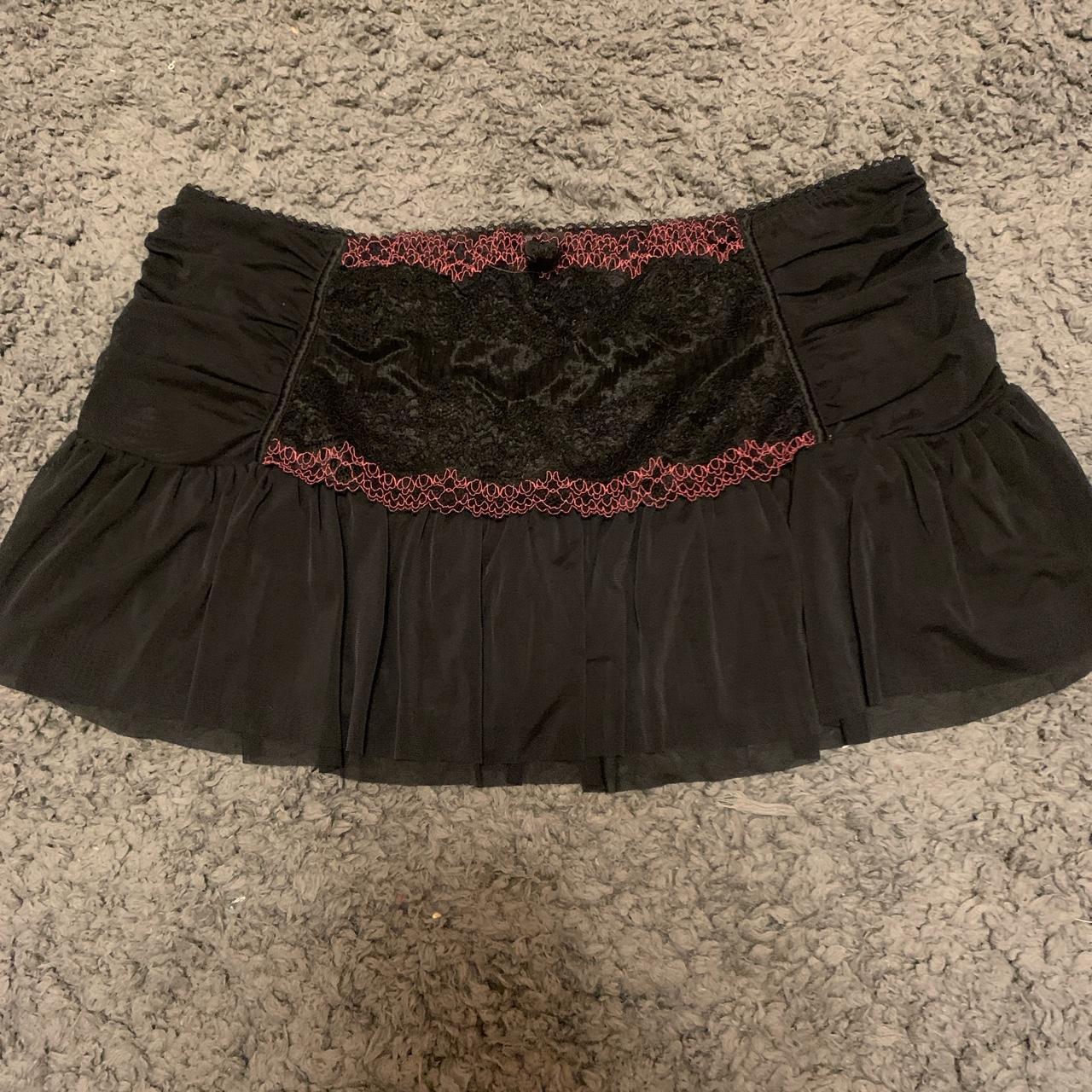 Y2K mesh lace ruffle black and pink mini skirt size... - Depop