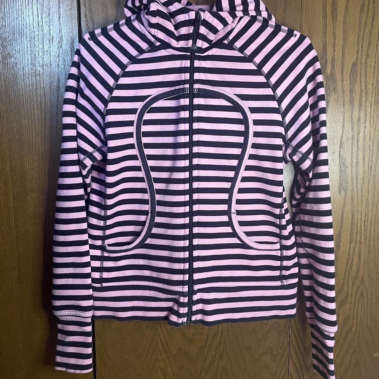 LuLuLemon Pink Striped Y2K Warm Zip-Up Hoodie Fleece... - Depop