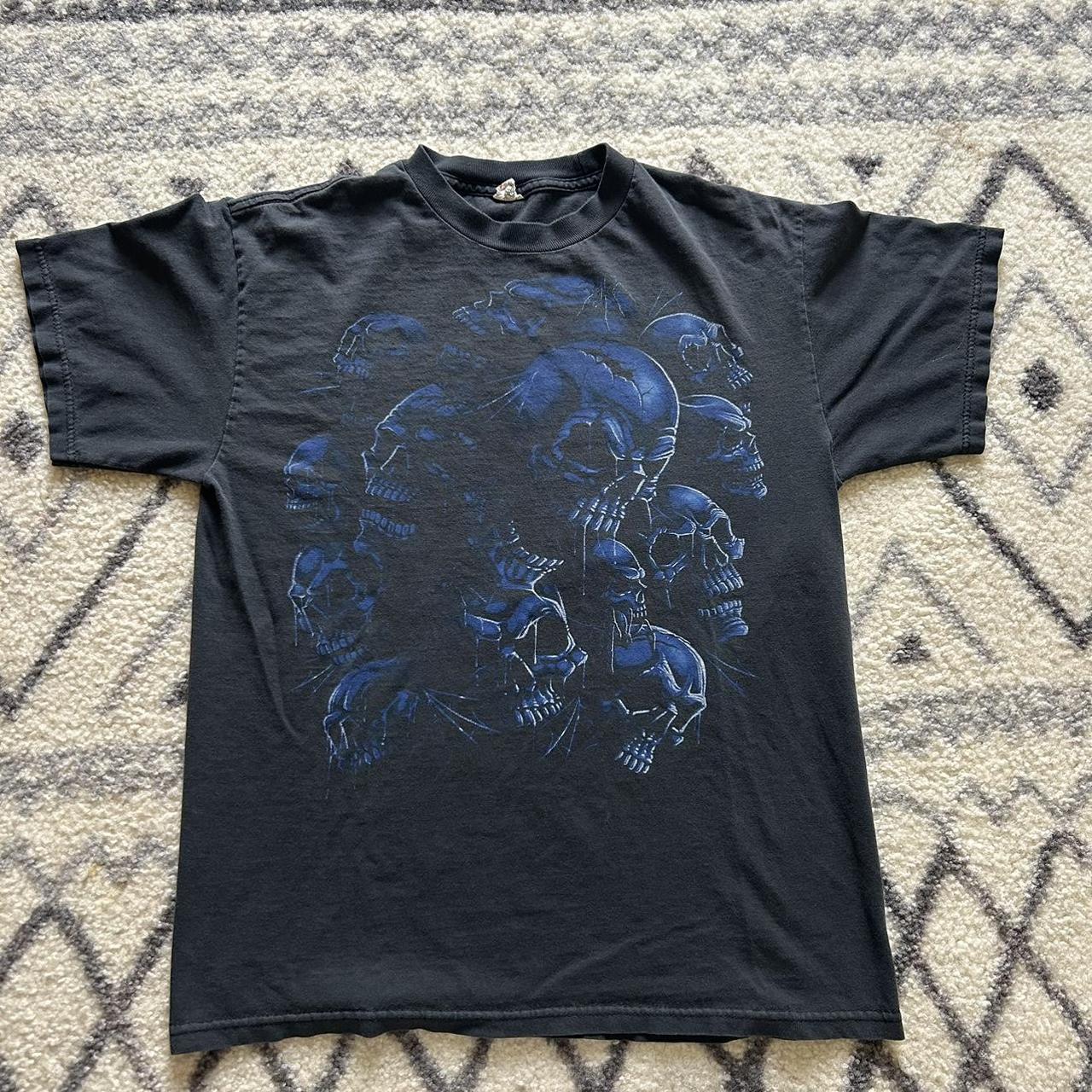 Y2K Blue skull shirt grunge style -size... - Depop