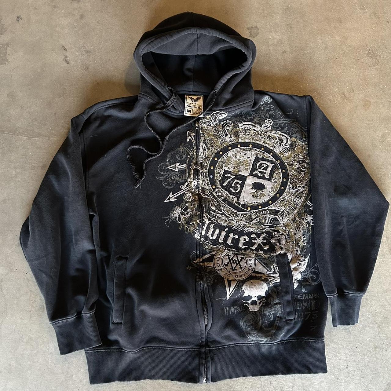 Y2K grunge AVIREX zip up hoodie with skulls and... - Depop