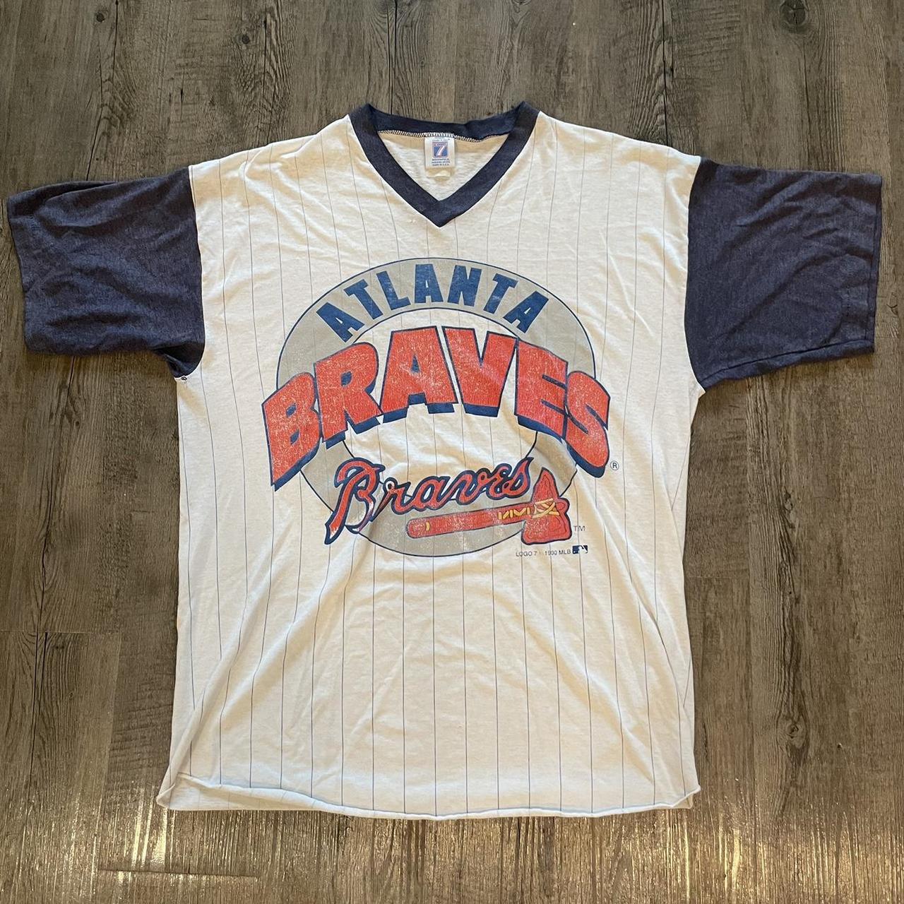 1990 Atlanta Braves Striped V Neck T Shirt Vintage... - Depop