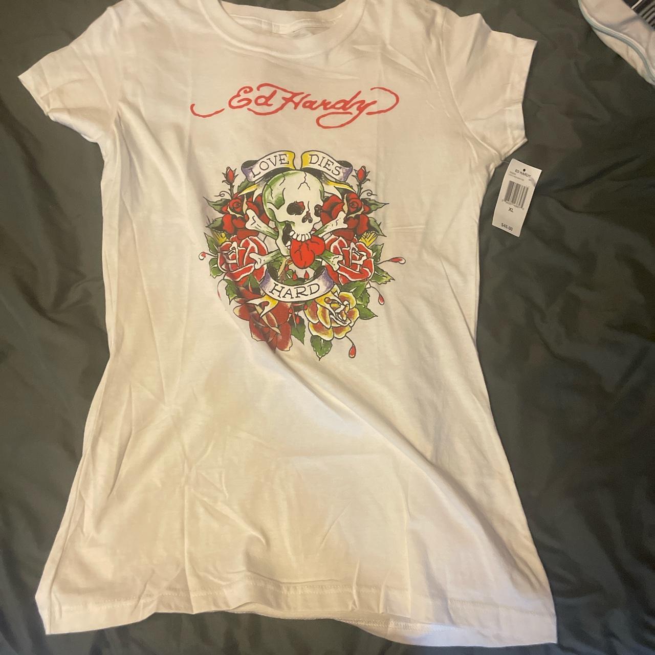 Ed Hardy Women's Red and White T-shirt | Depop