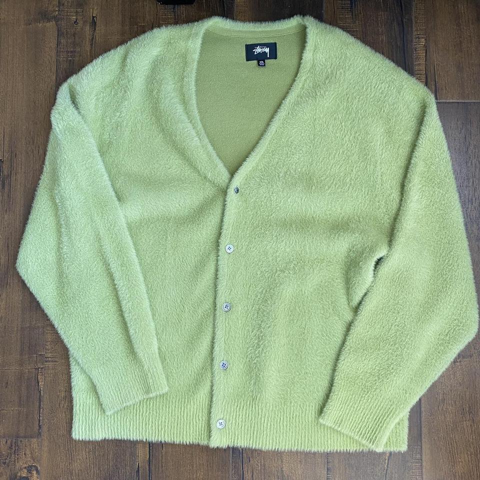 stussy shaggy knit cardigan size XXL lime green   Depop