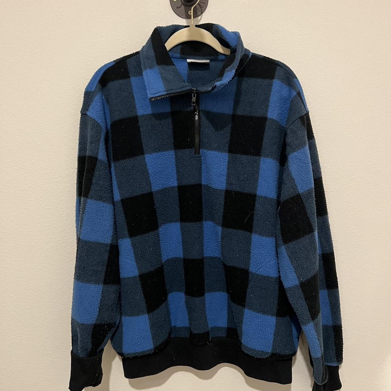 Blue plaid fleece pullover has some piling - Depop