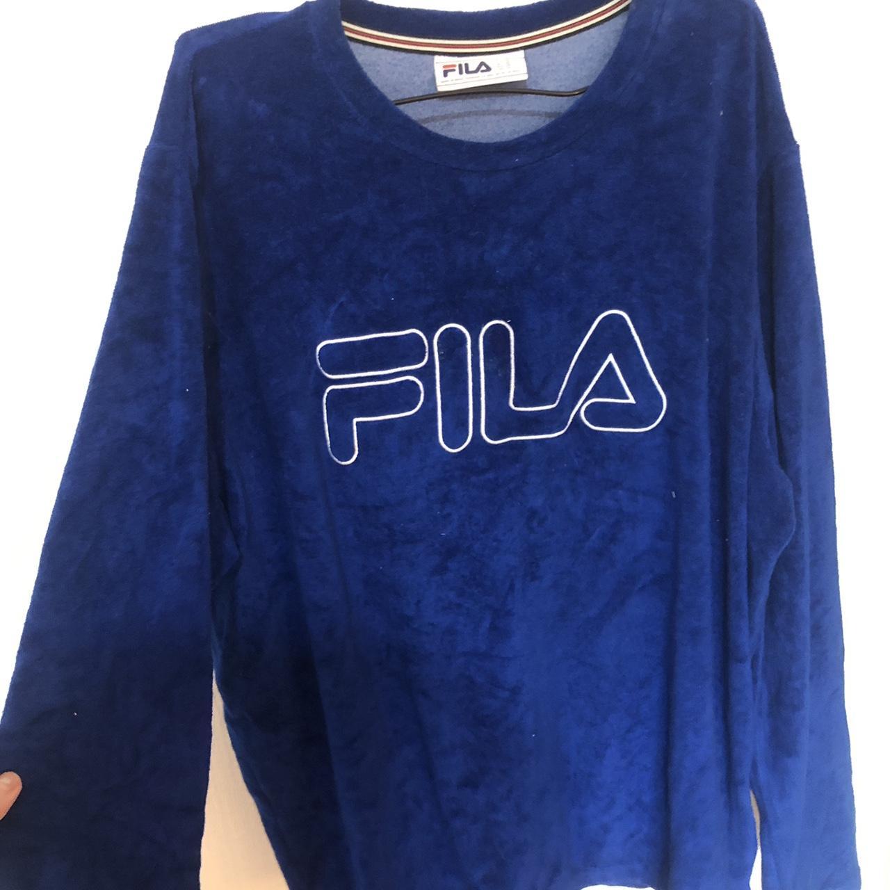 Blue Furry velvet Fila jumper. With white... - Depop