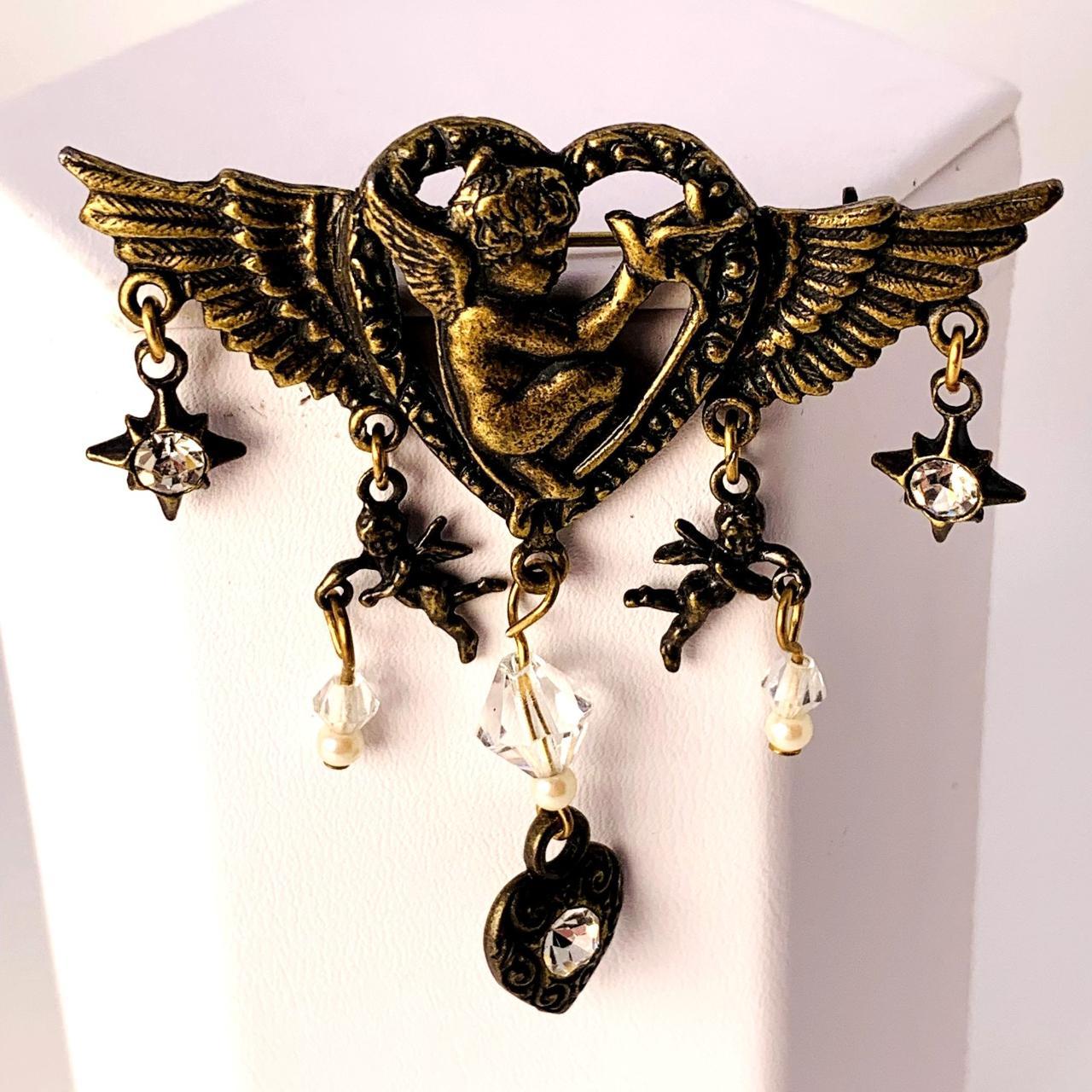 Silver Tone Cherub Angel Dove Brooch with Hanging... - Depop