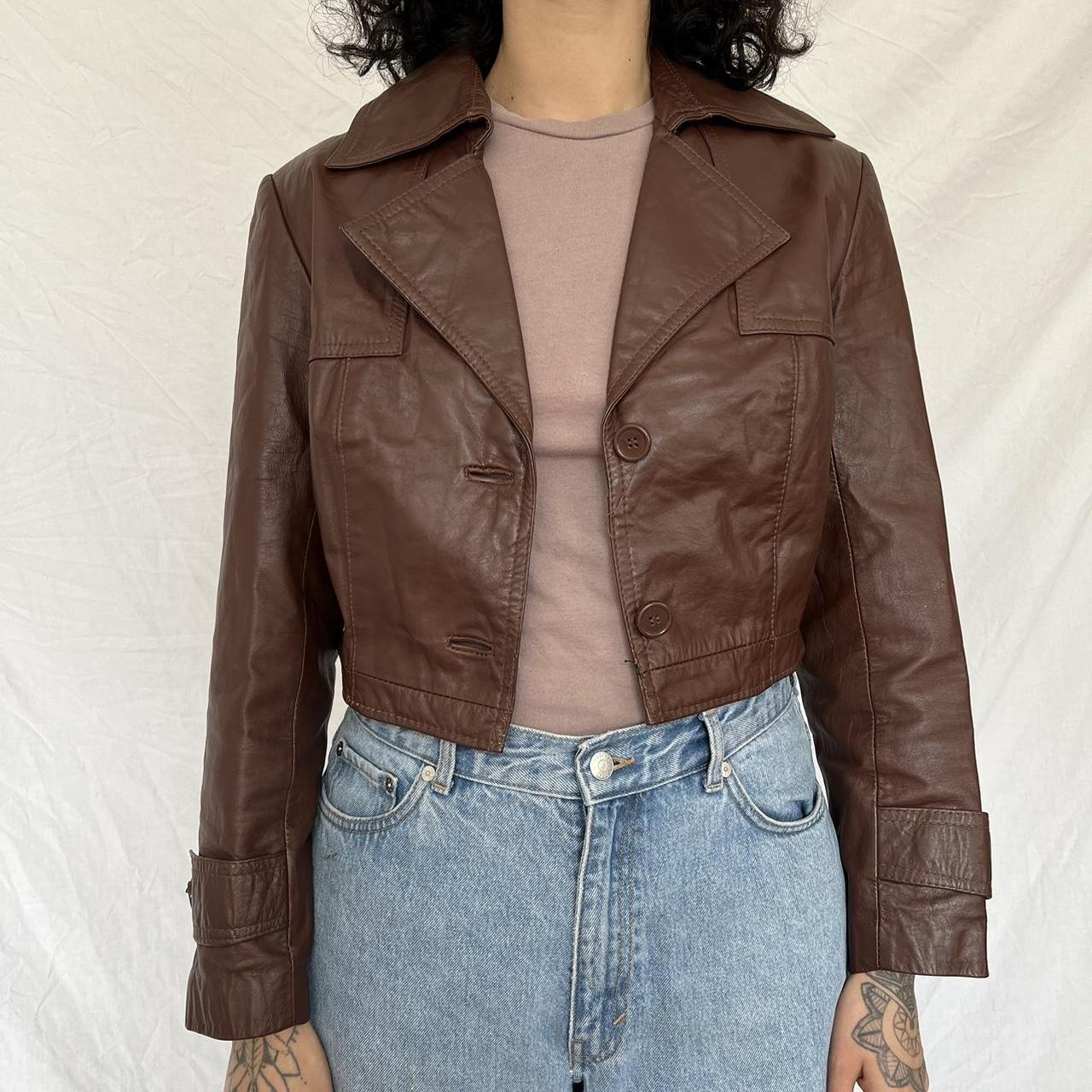 Women’s vintage 1970s brown leather cropped jacket.... - Depop