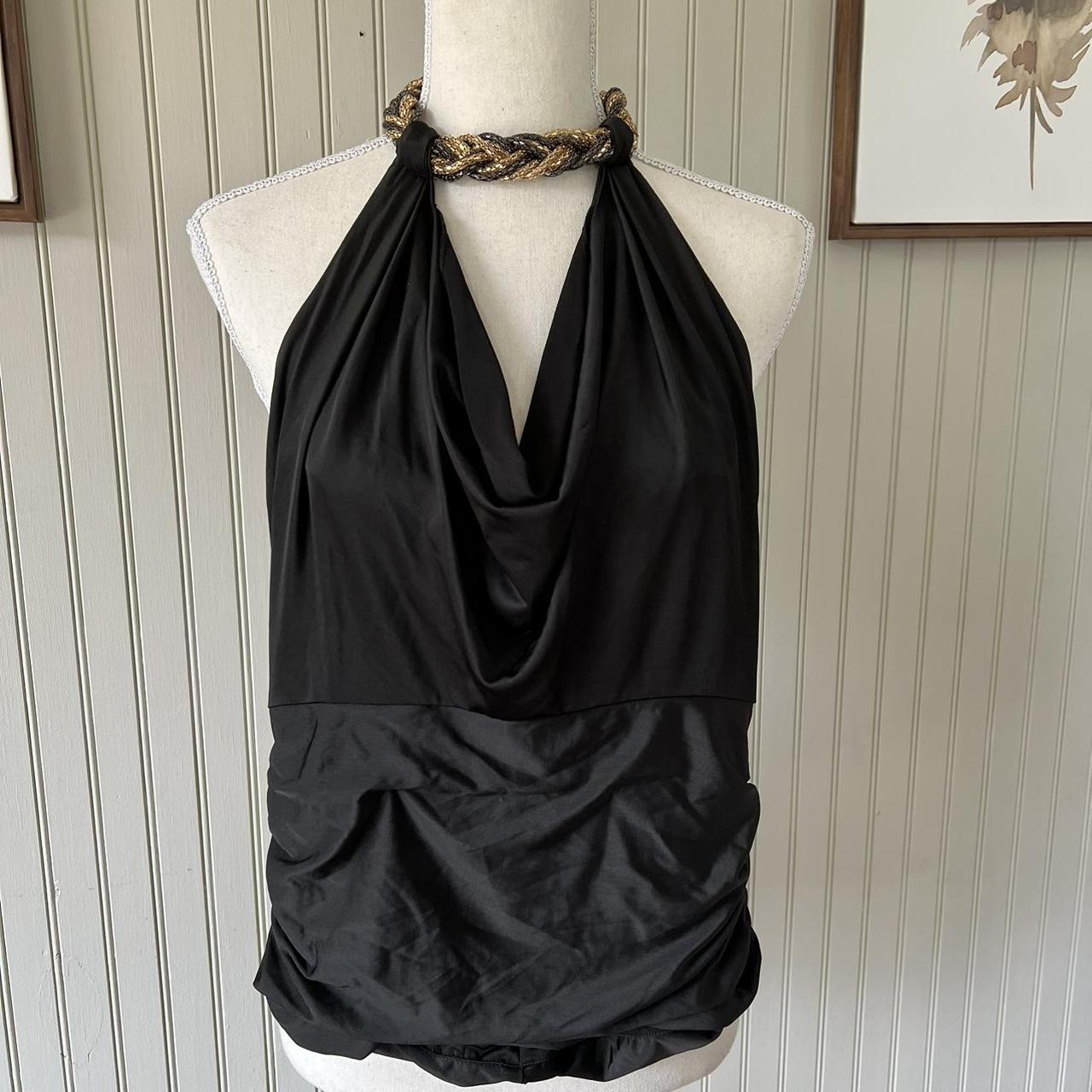 Bebe Satin Black Halter top with cowl neck Ruched... - Depop