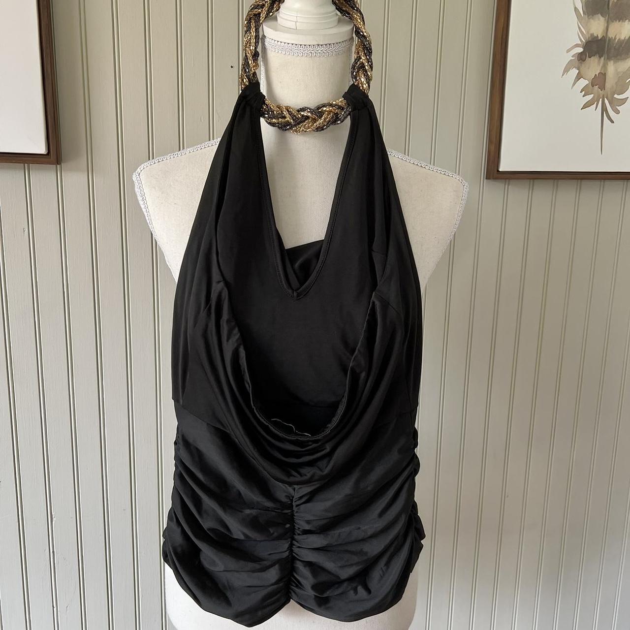 Bebe Satin Black Halter top with cowl neck Ruched... - Depop
