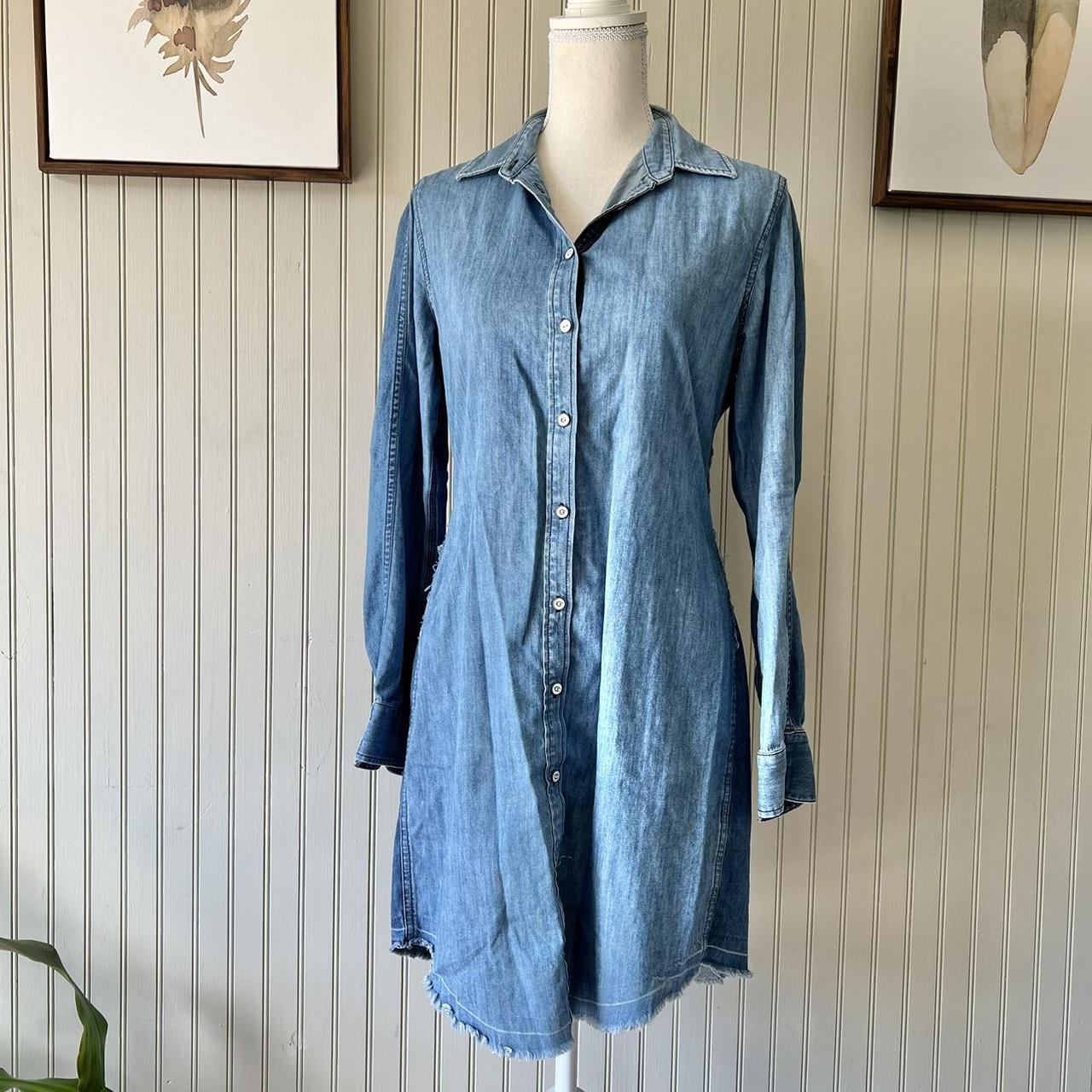 Women's Long Sleeve Denim Shirt Dress Blue Retro Classic Button