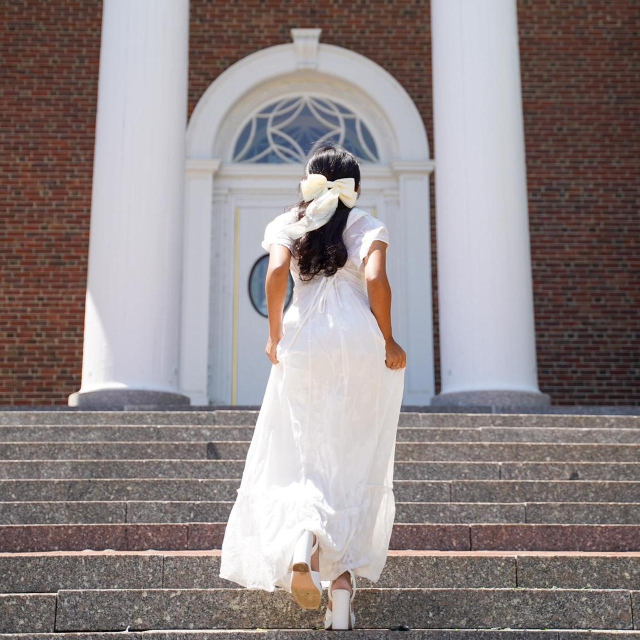 beautiful white maxi dress with a lace up back and... - Depop