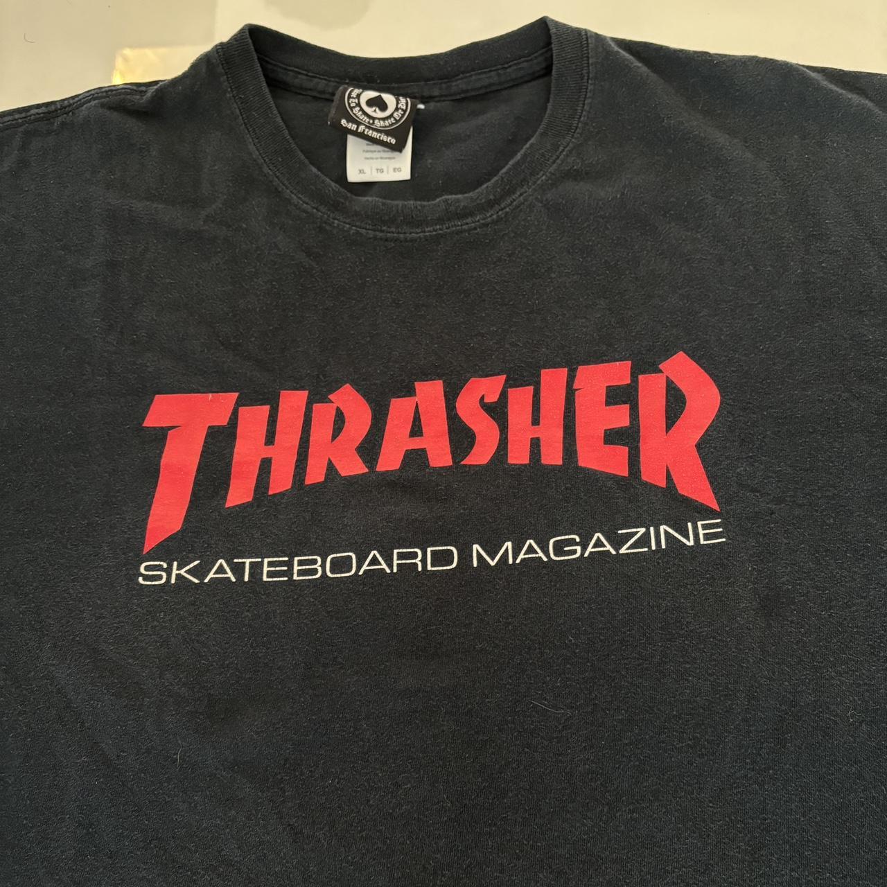 Black thrasher shirt with red writing hotsell