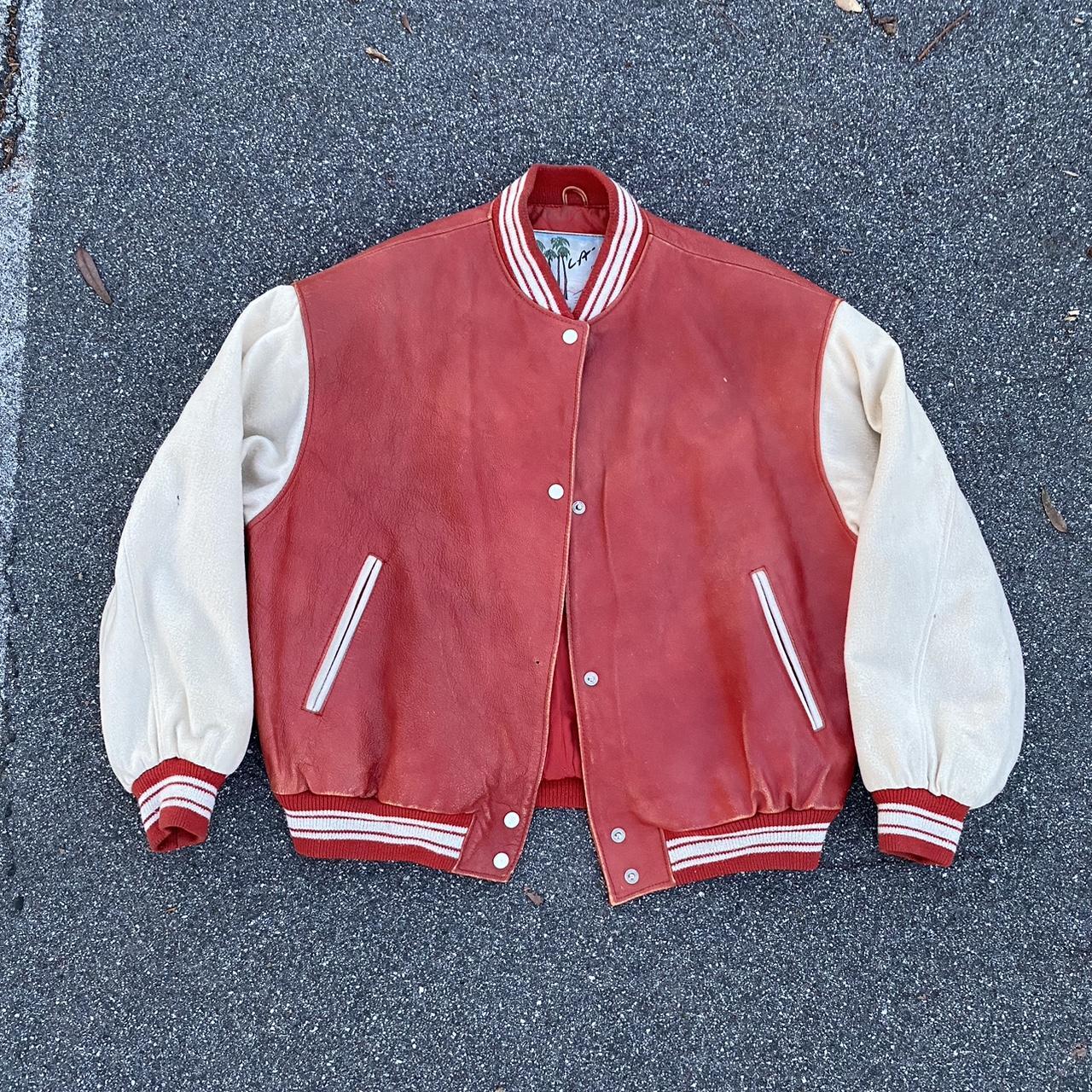 LA Studio Red Leather Varsity Jacket Size... Depop
