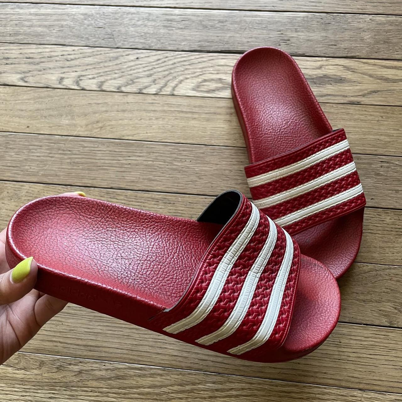 Red adilette slides online women's