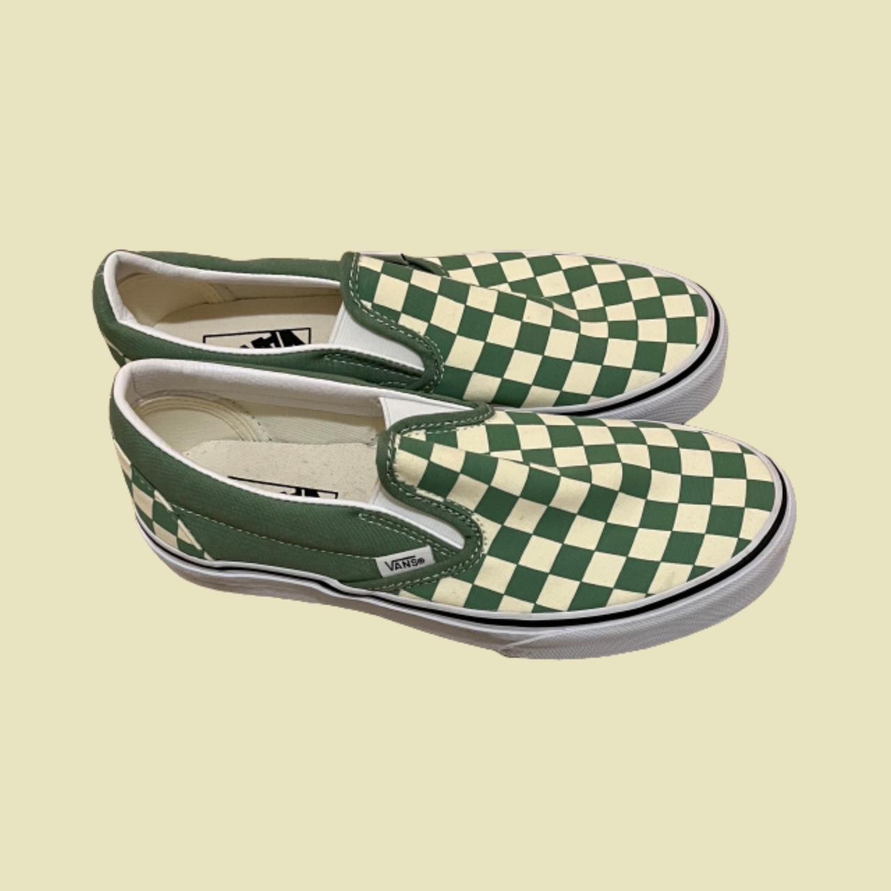 vans slip-on green and white checkerboard skate... - Depop