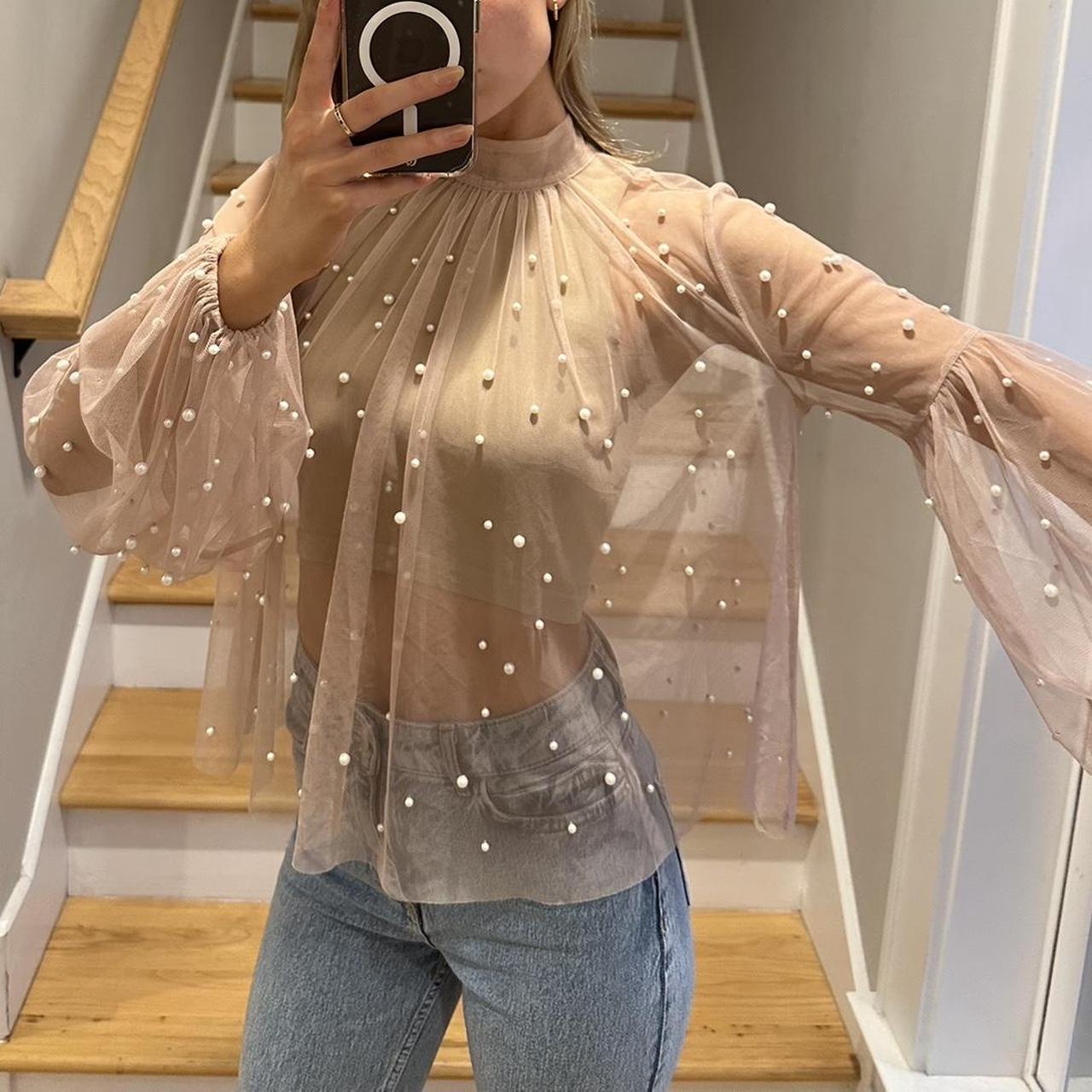 Sheer Blouse With Pearls Worn Once Seethrough Depop