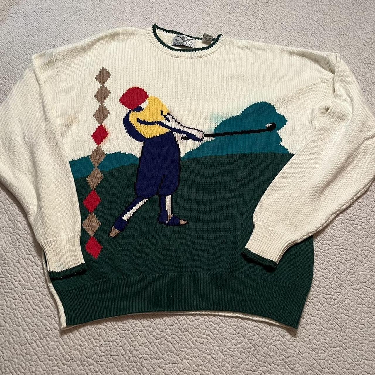 vintage austin reed knitted golfing scene bright... - Depop