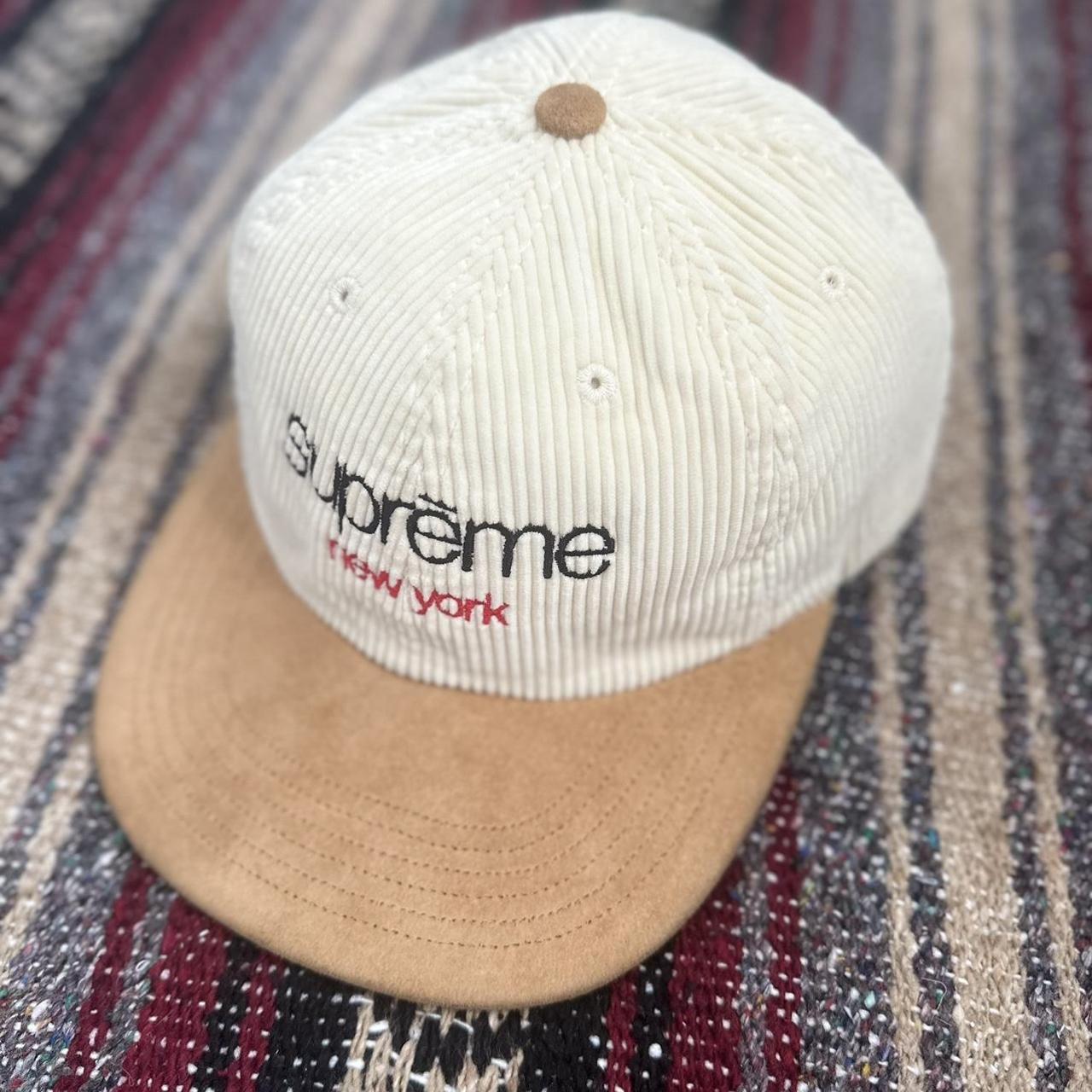 white new york supreme corduroy adjustable hat.... - Depop