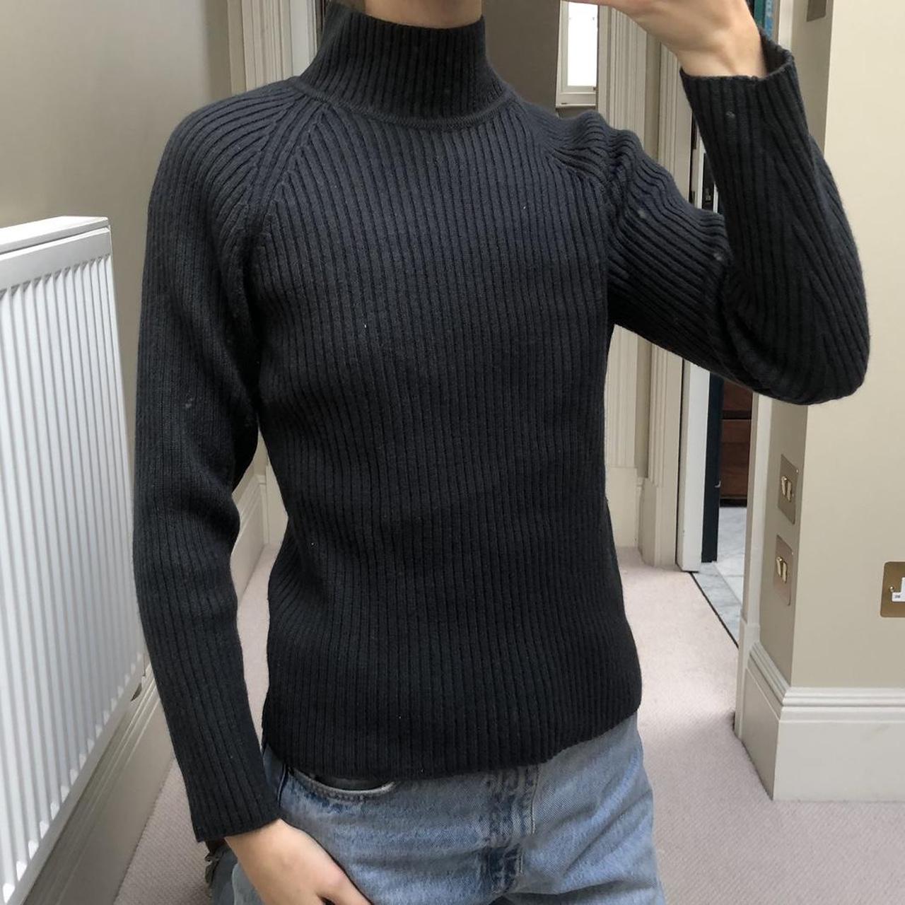 Vintage dark grey Italian knit polar neck jumper - Depop