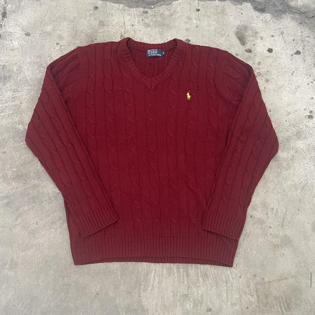 vintage red polo knit sweater cable knit with a v... - Depop