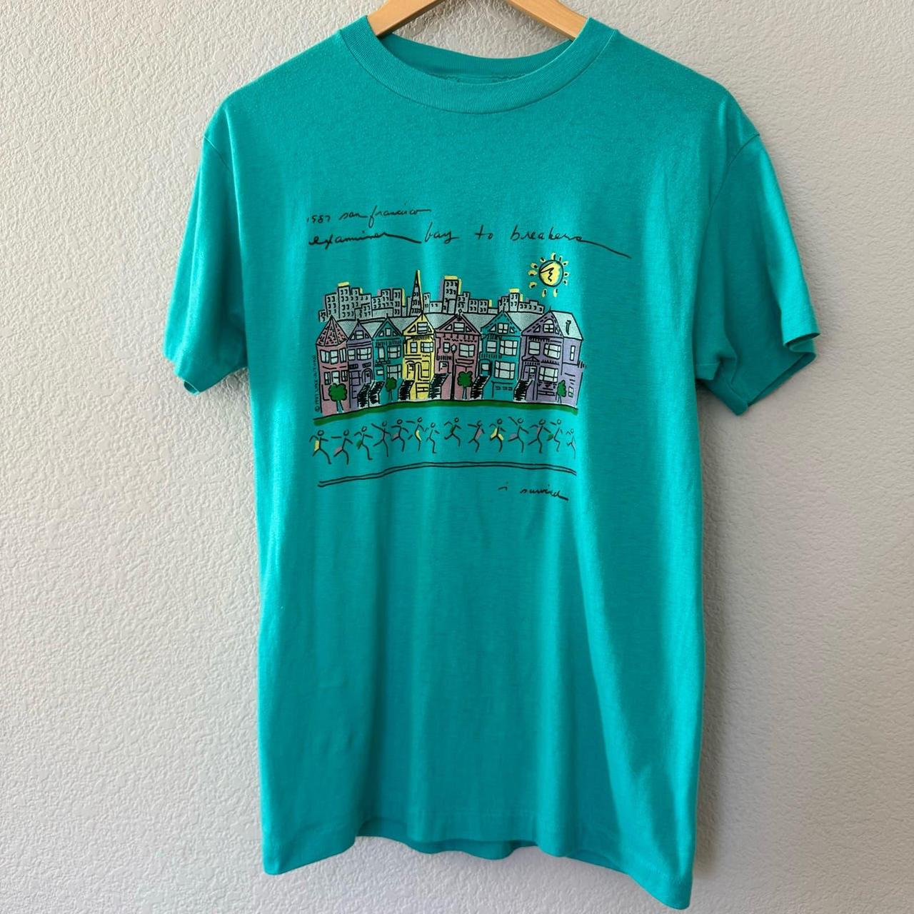 Vintage 80s single stitch tee, turquoise teal... - Depop
