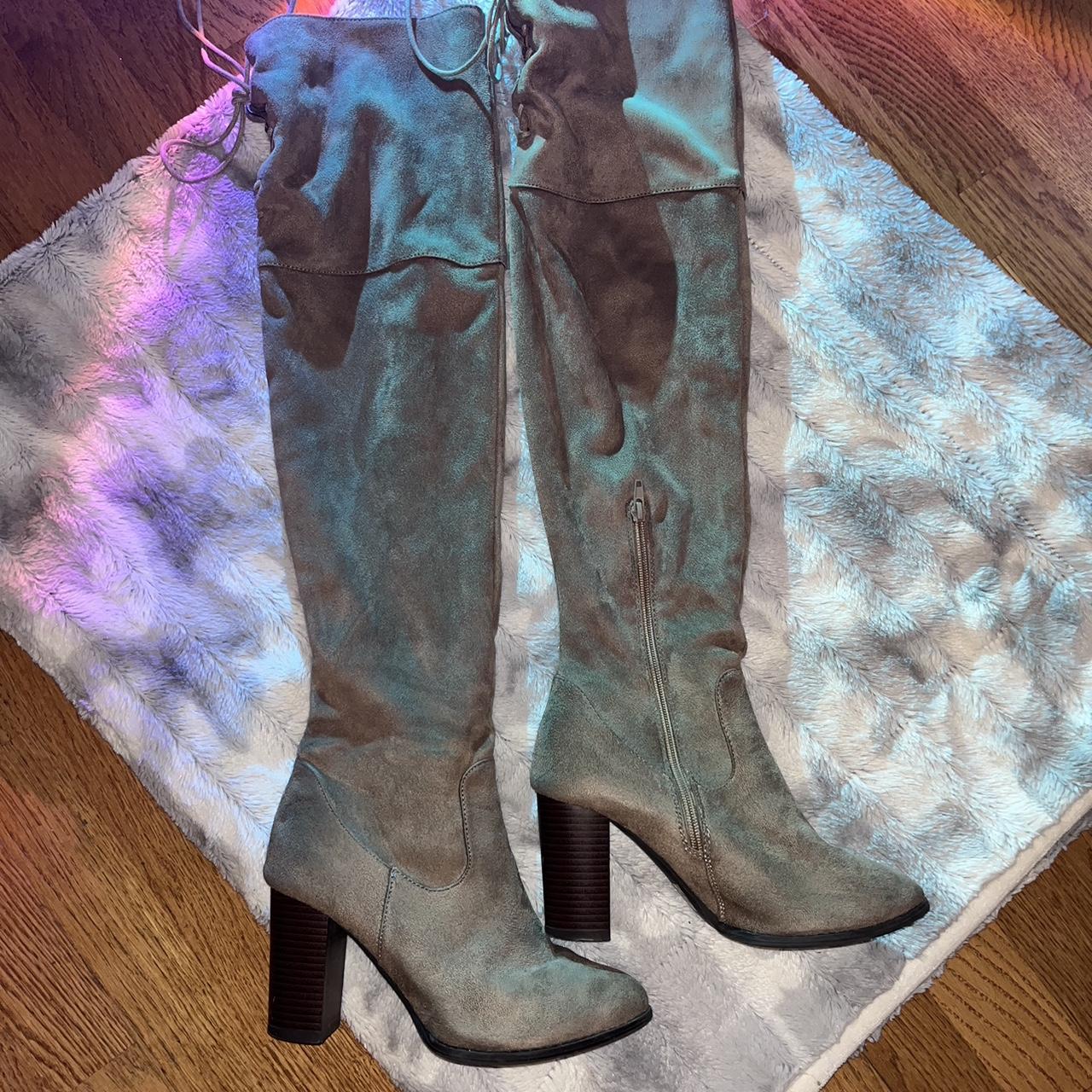 bershka knee high suede boots in taupe
