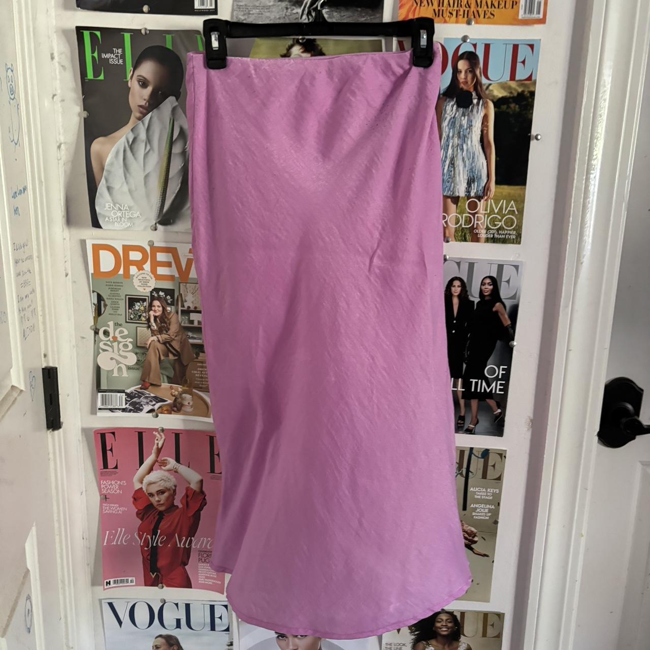 Pink satin midi skirt with elastic waistband . Depop