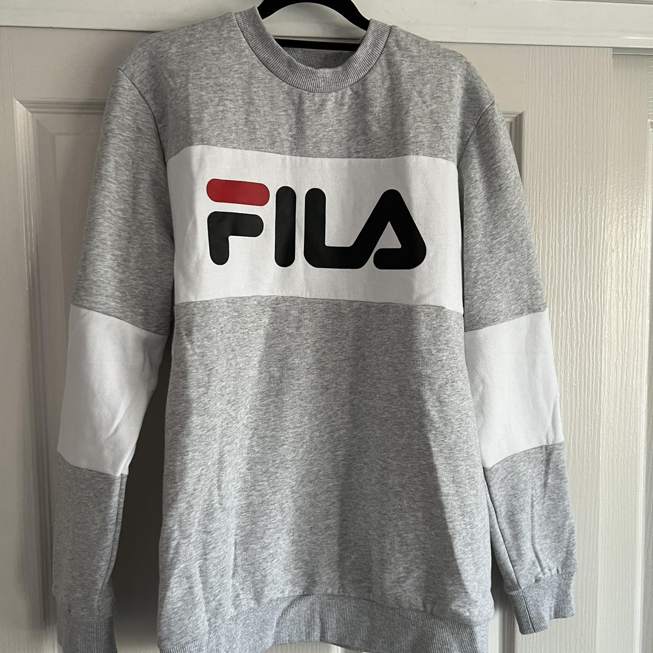 FILA grey, logo crewneck jumper. Size:... - Depop