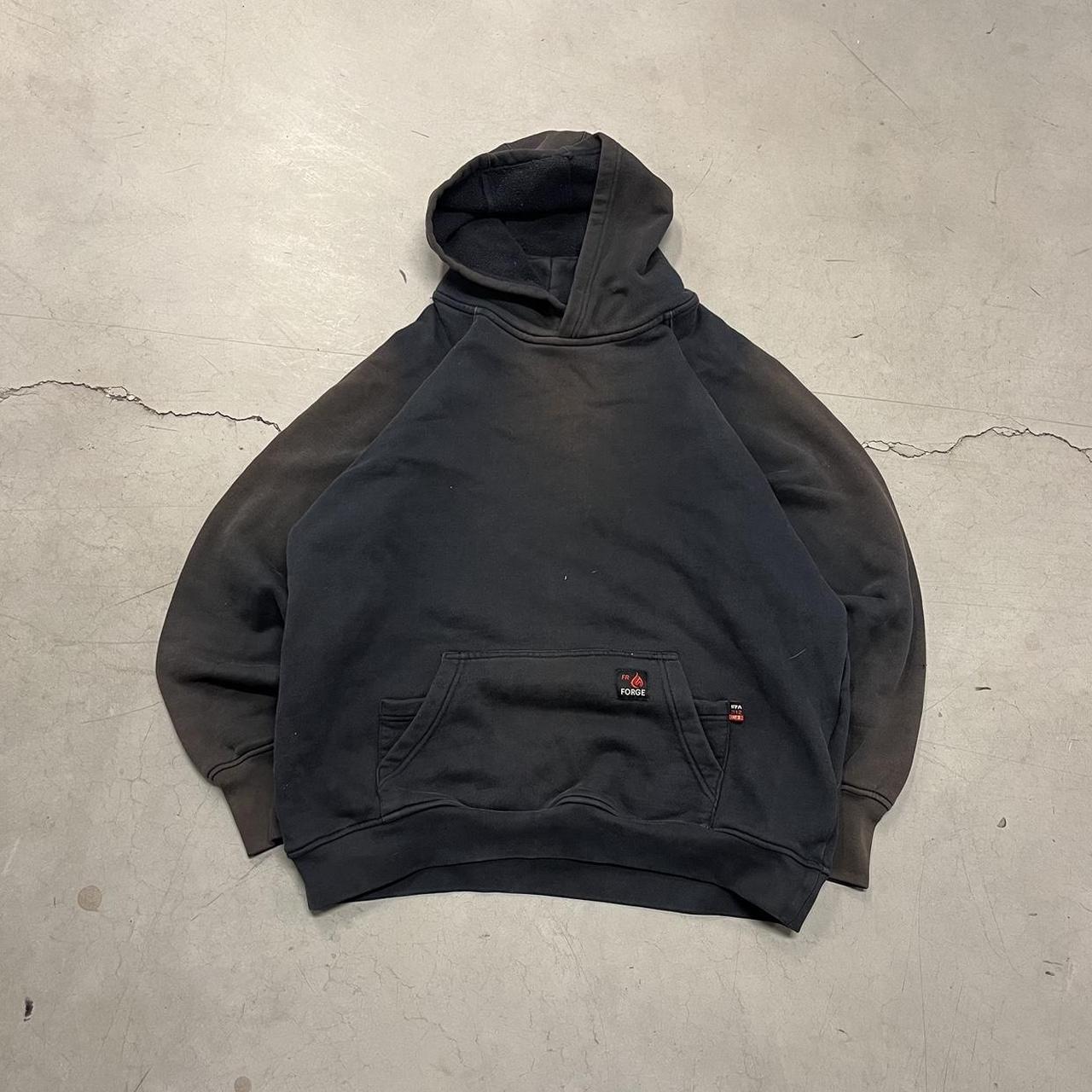 Vintage 90’s Faded Black Sunfaded Workwear Hoodie... - Depop