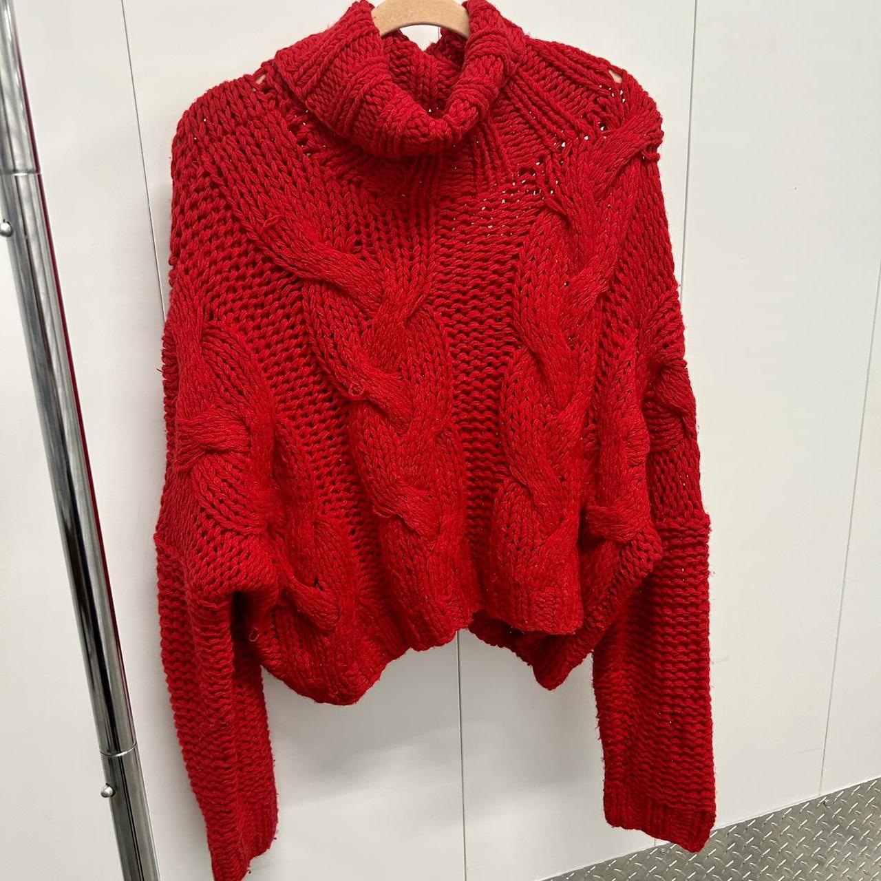 Red chunky turtle neck oversized knitted sweater... - Depop