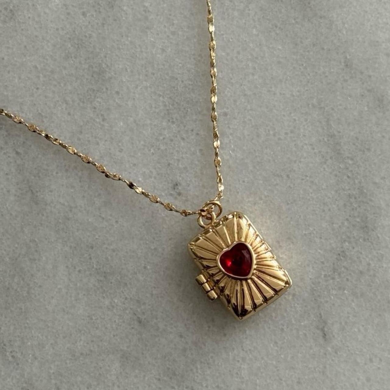 Gold Sun Beam Red Heart Gem Locket Pendant Necklace... - Depop
