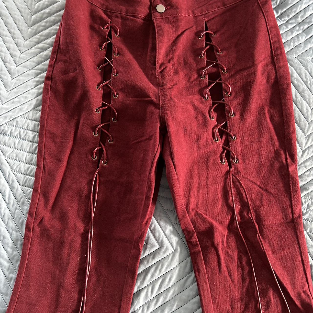 Large Cider lace up thigh slit pants in maroon, worn... Depop