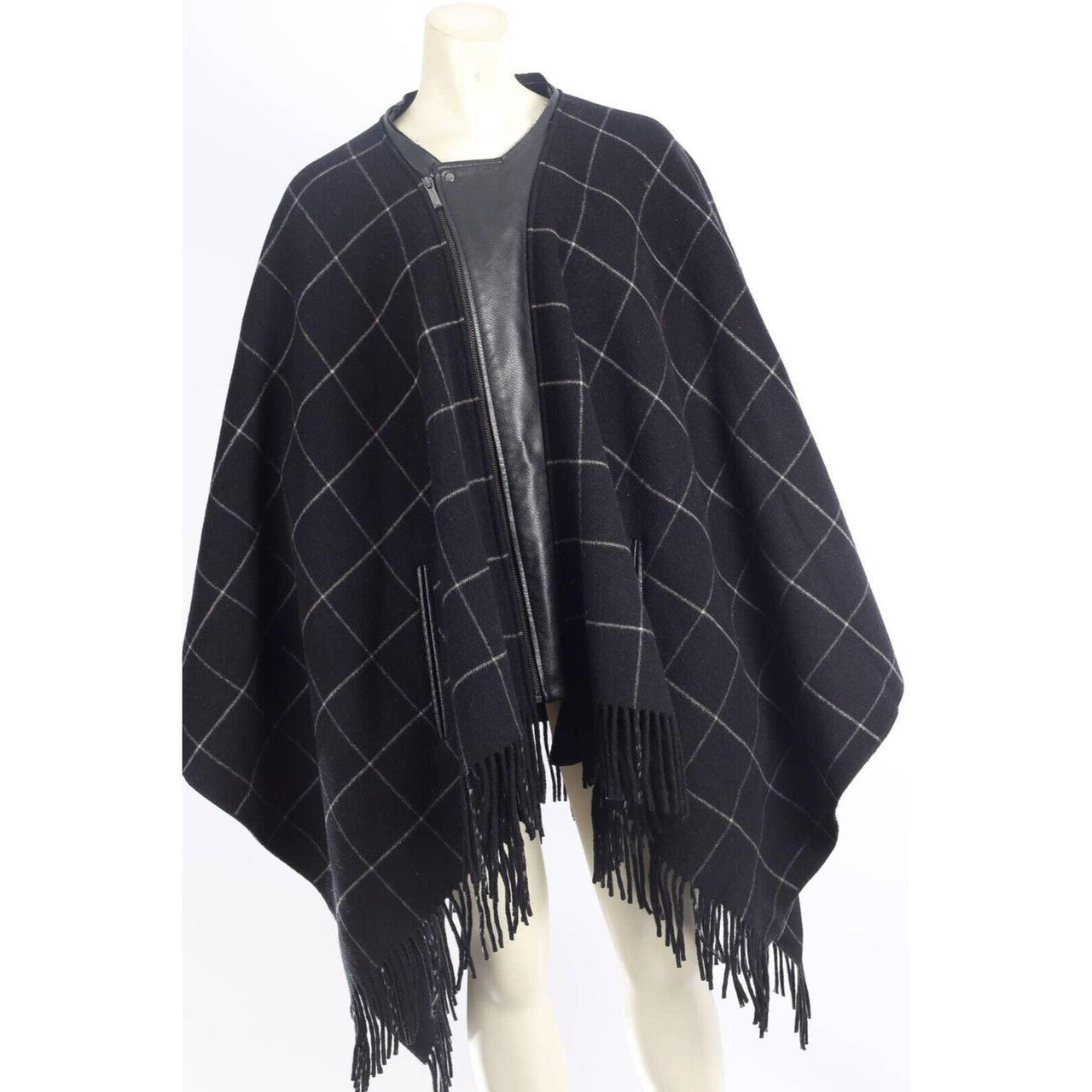 BCBG Max Azria Black Check Fringe Cape Coat Size