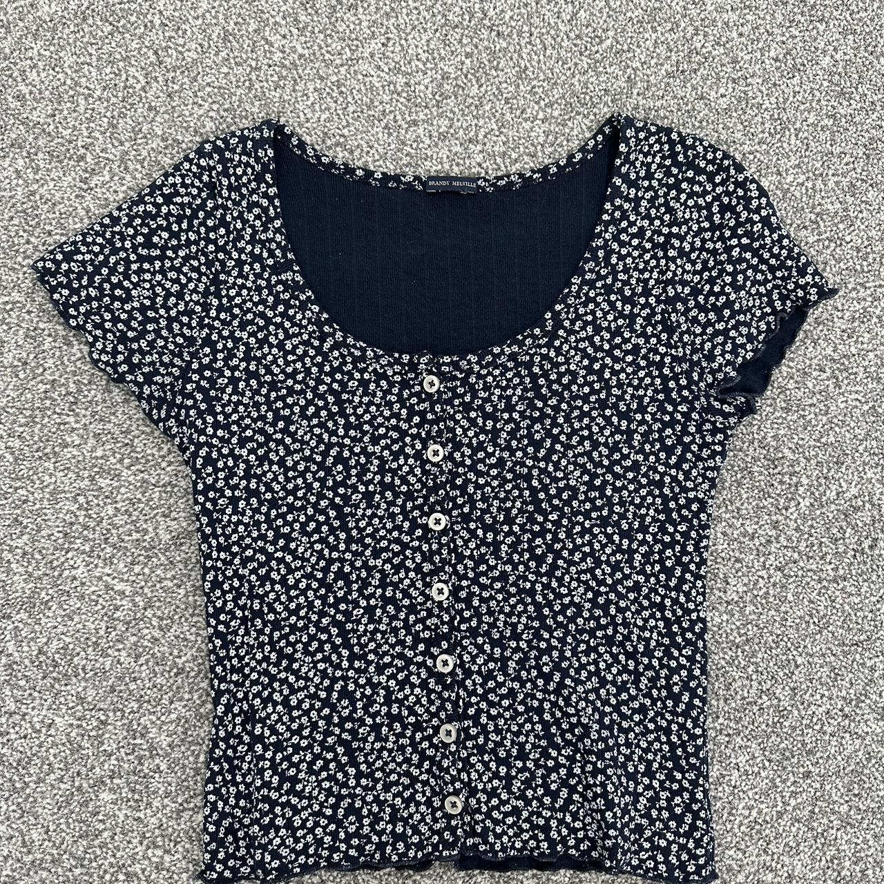 Brandy Melville Navy Blue Floral Zelly Top One Size... - Depop