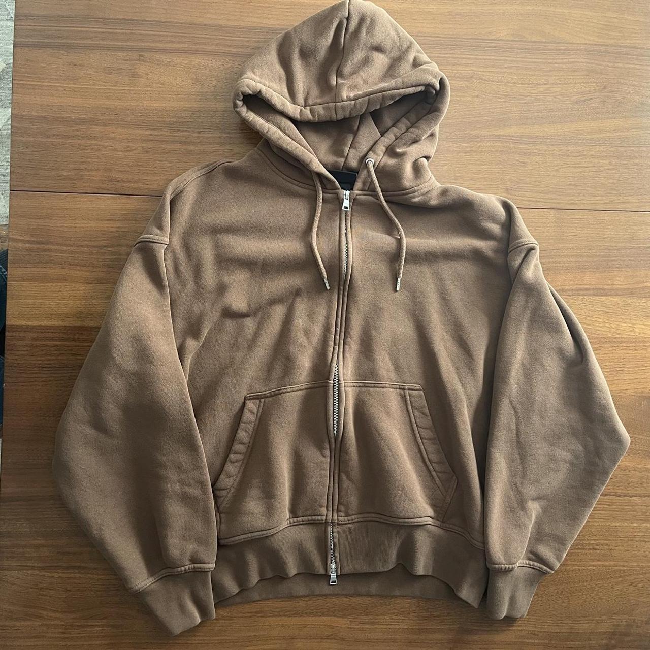 Plain brown zip-up hoodie M Like new - Depop