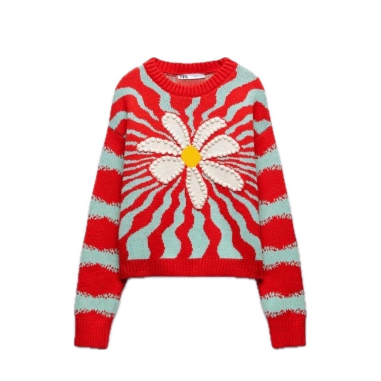 Zara Jacquard Flower Knit Sweater Depop