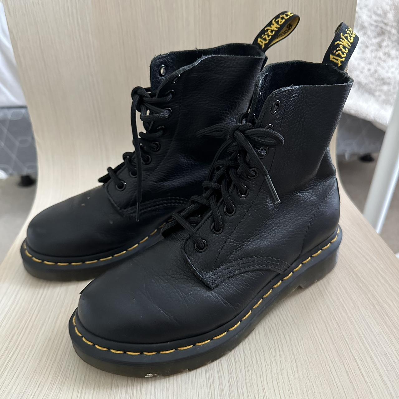 Dr.Marten black leather combat boots, size US... - Depop