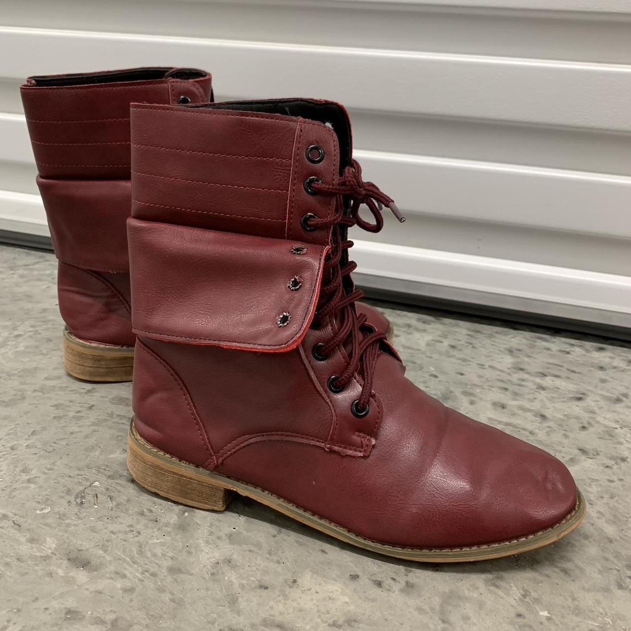 Burgundy red leather boots Lace up Mid calf Folded