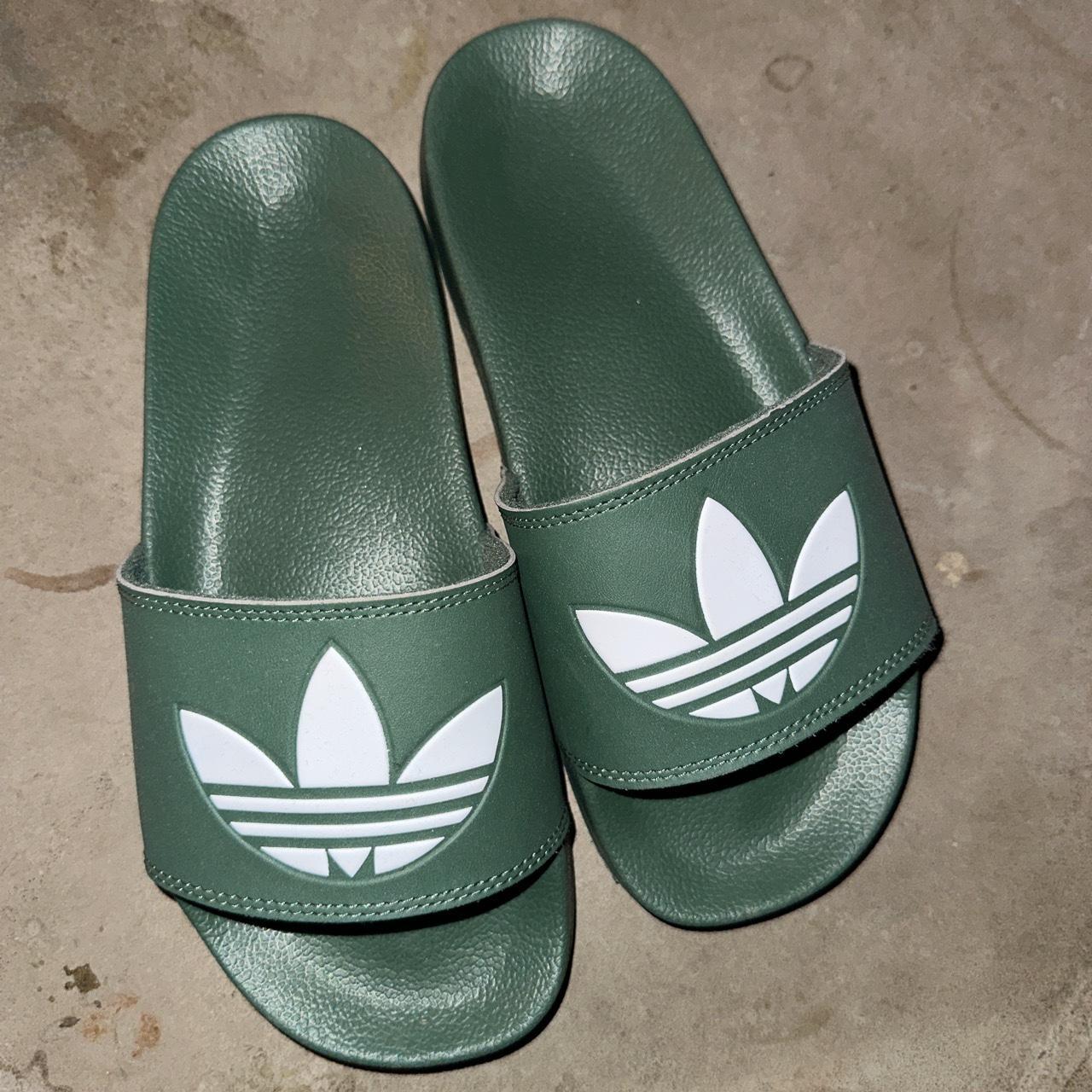 Army/ olive green Adidas slides. Never worn, W6,... - Depop