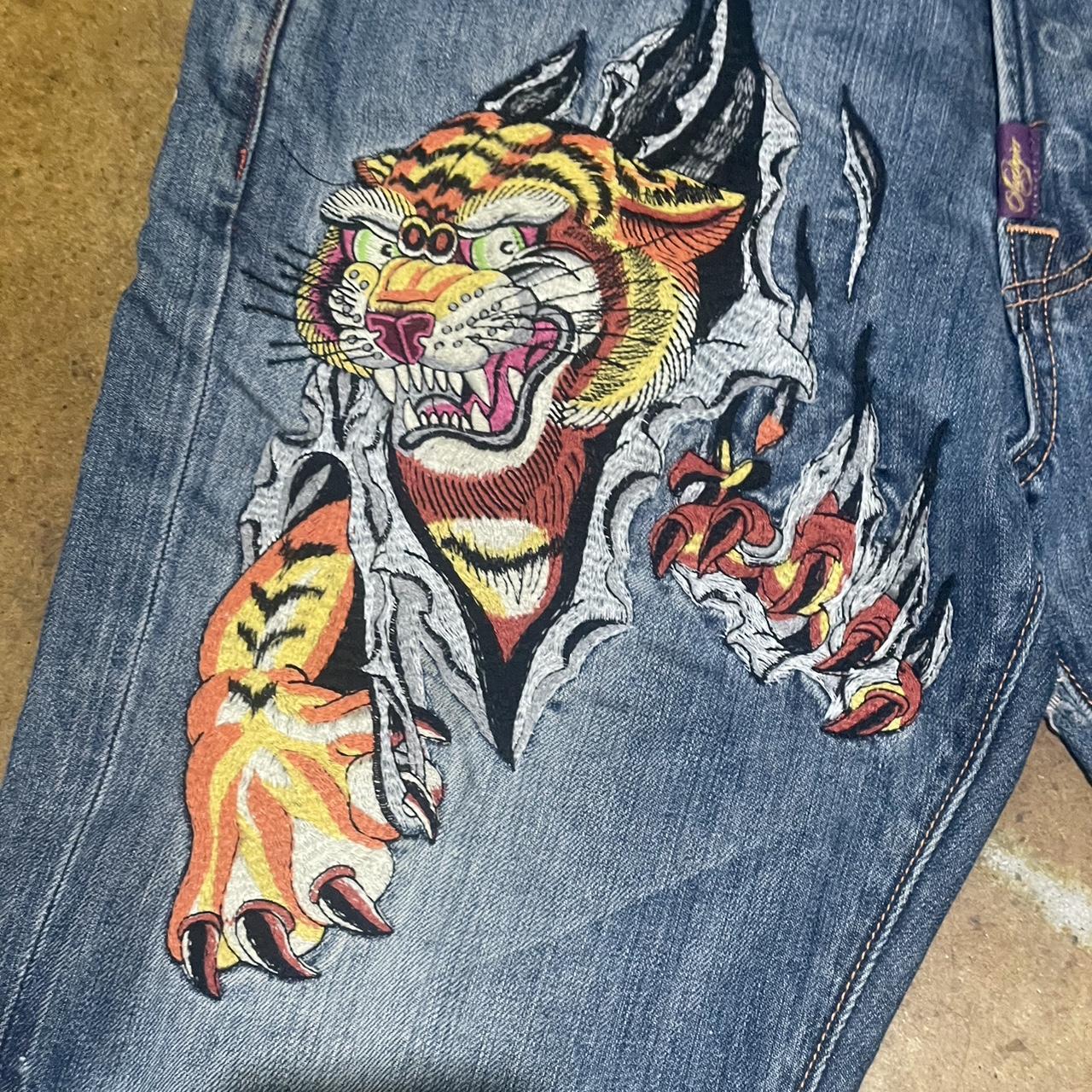 Ed Hardy Tiger Embroidered Straight Leg Jeans -... - Depop