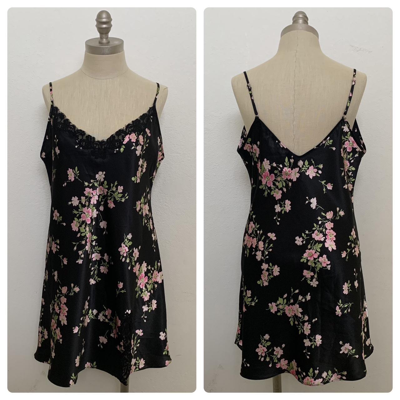 Early 2000s black with pink floral poly satin slip... - Depop