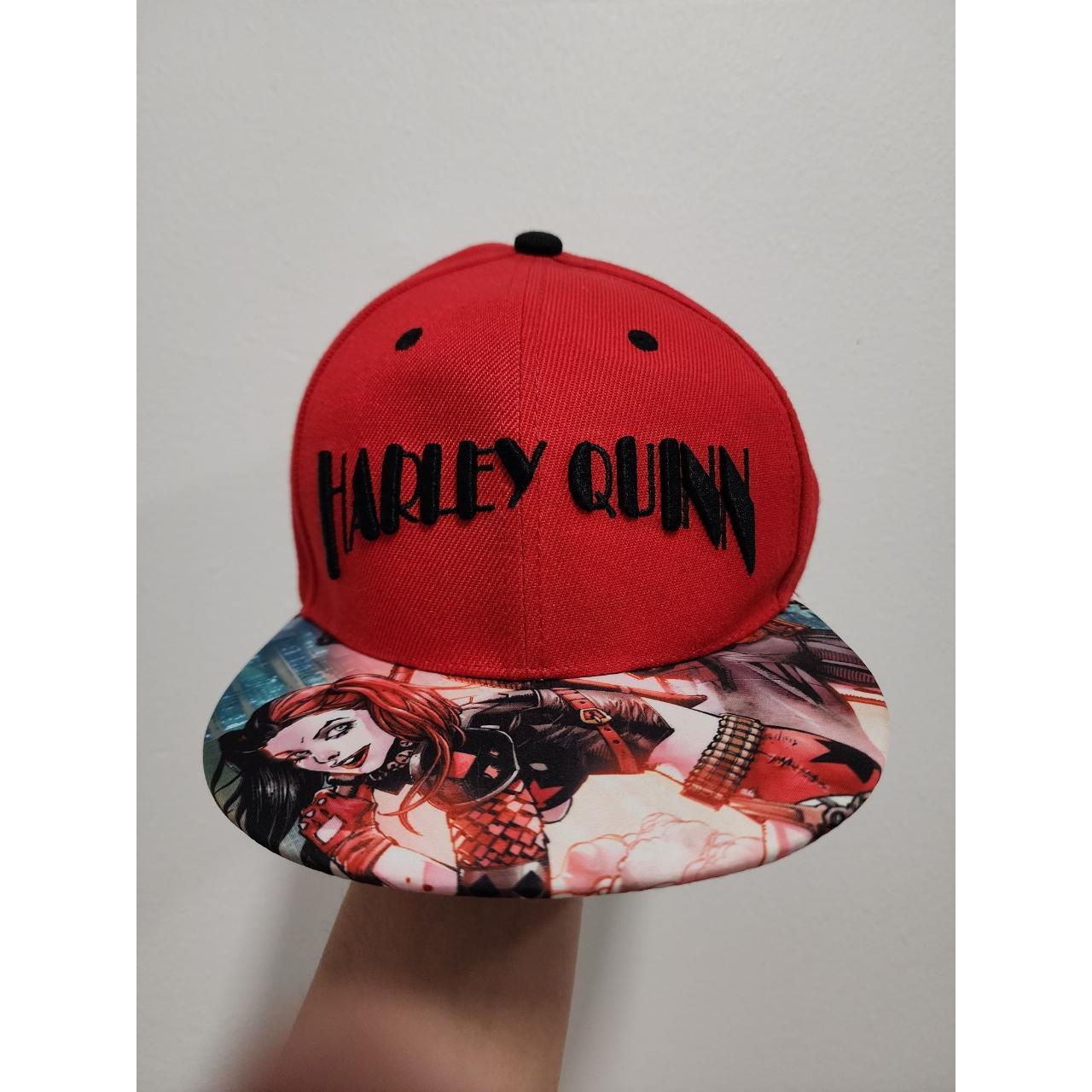 Six Flags red black Harley Quinn snapback hat... - Depop