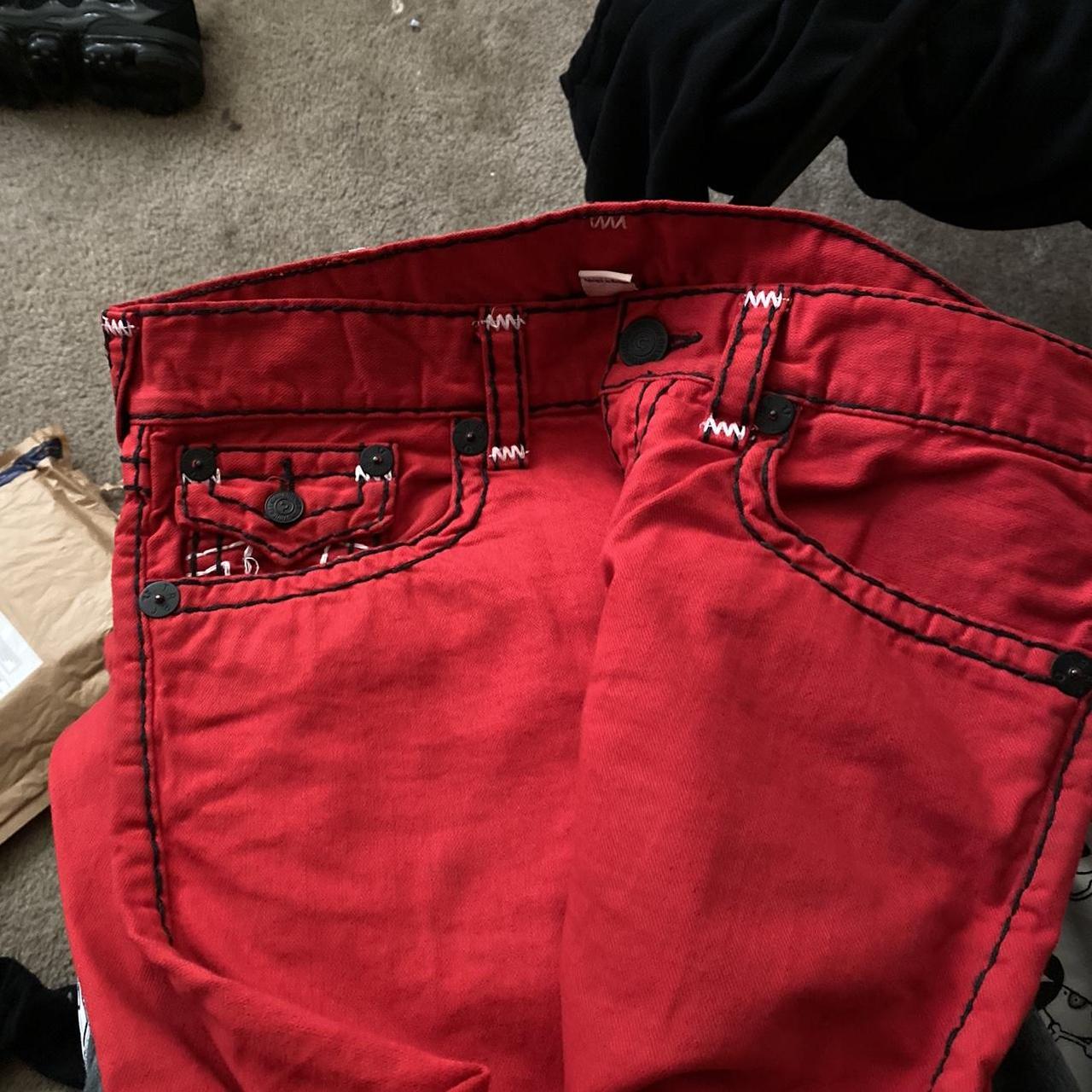RARE RED TRUE RELIGION JEANS, in good condition size... - Depop