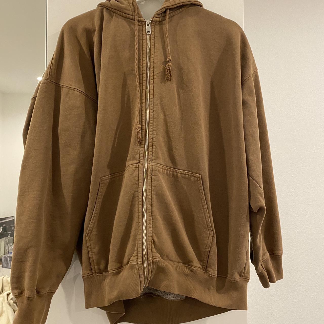 Brown zip up hoodie from Brandy Melville. Great for - Depop