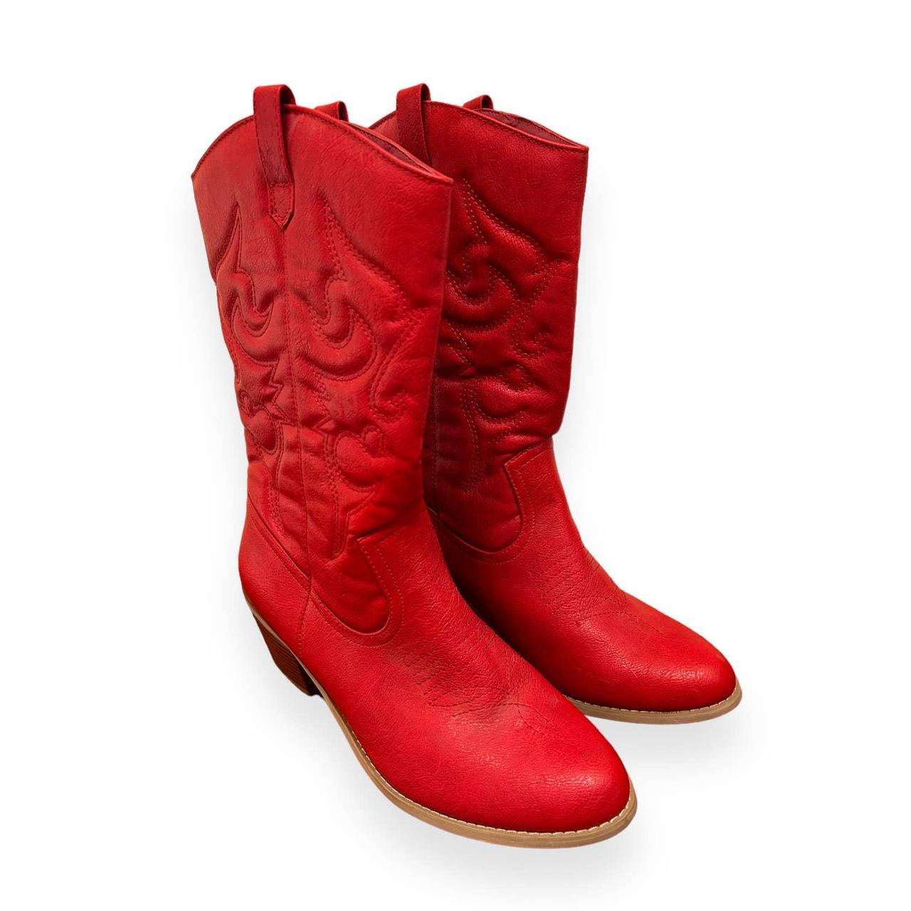West Blvd Red Faux Leather Cowboy Boots Womens... Depop